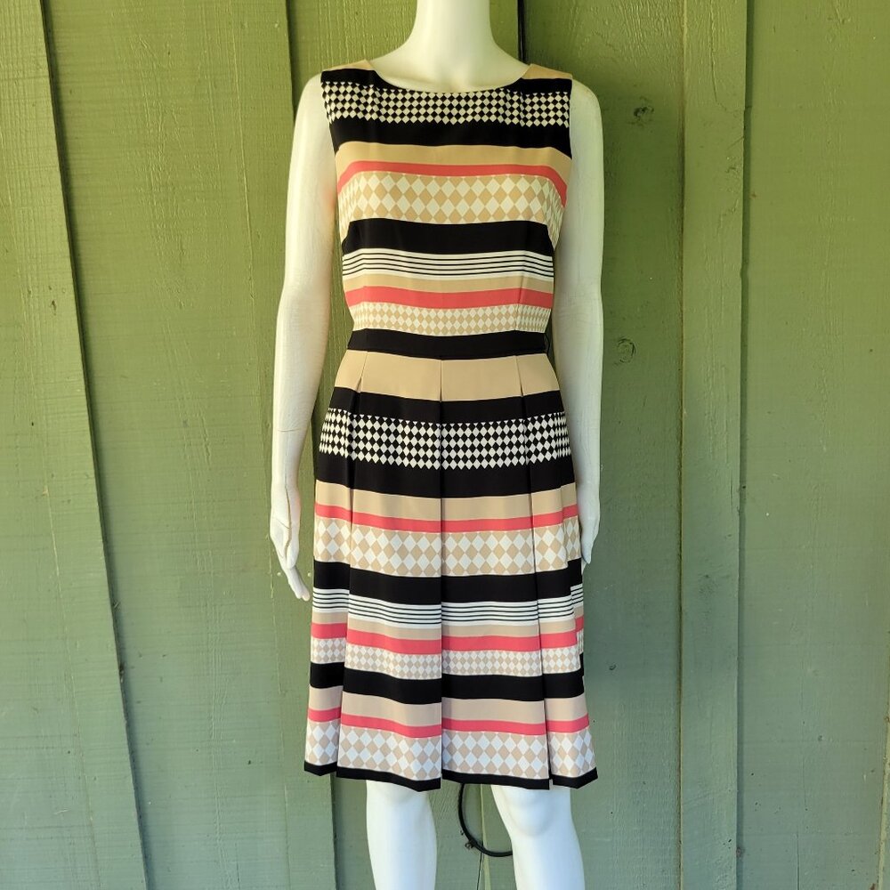 TAHARI Stripe Diamond Print Pleated Skirt Dress 8